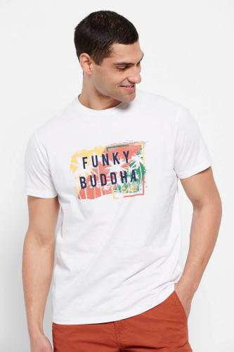 Funky Buddha ανδρικό βαμβακερό T-shirt μονόχρωμο με πολύχρωμο logo print με brushed effect - FBM007-047-04 Λευκό XL